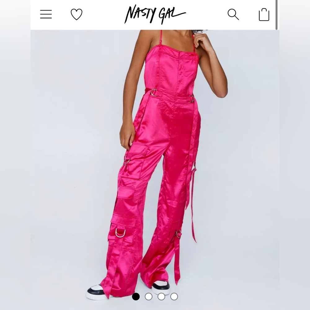 Pink satin jumpsuit, perfect for a girls night or bachelorette!